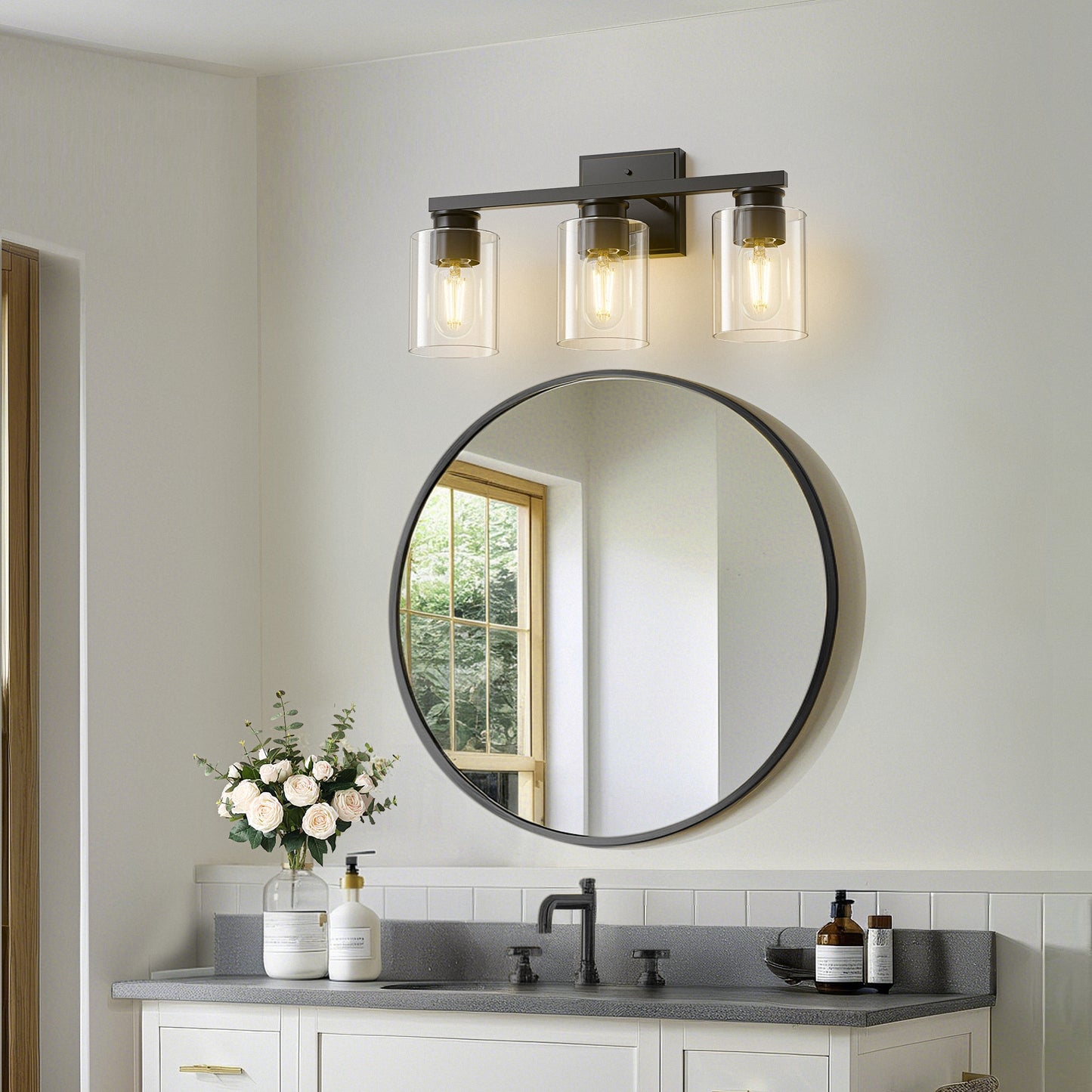 18 in. 3-Light Black Vanity Light with Clear Glass Shades for Bathroom
