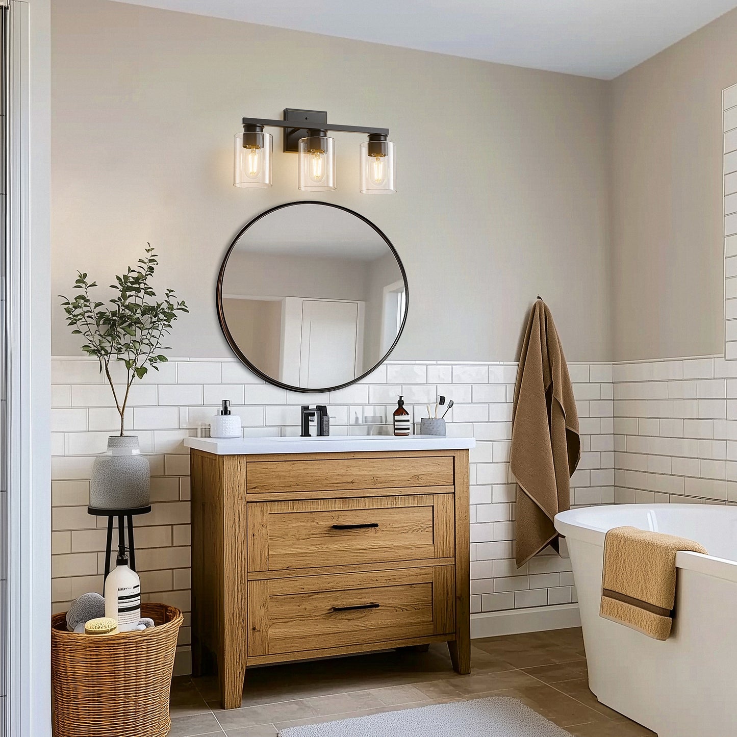 18 in. 3-Light Black Vanity Light with Clear Glass Shades for Bathroom