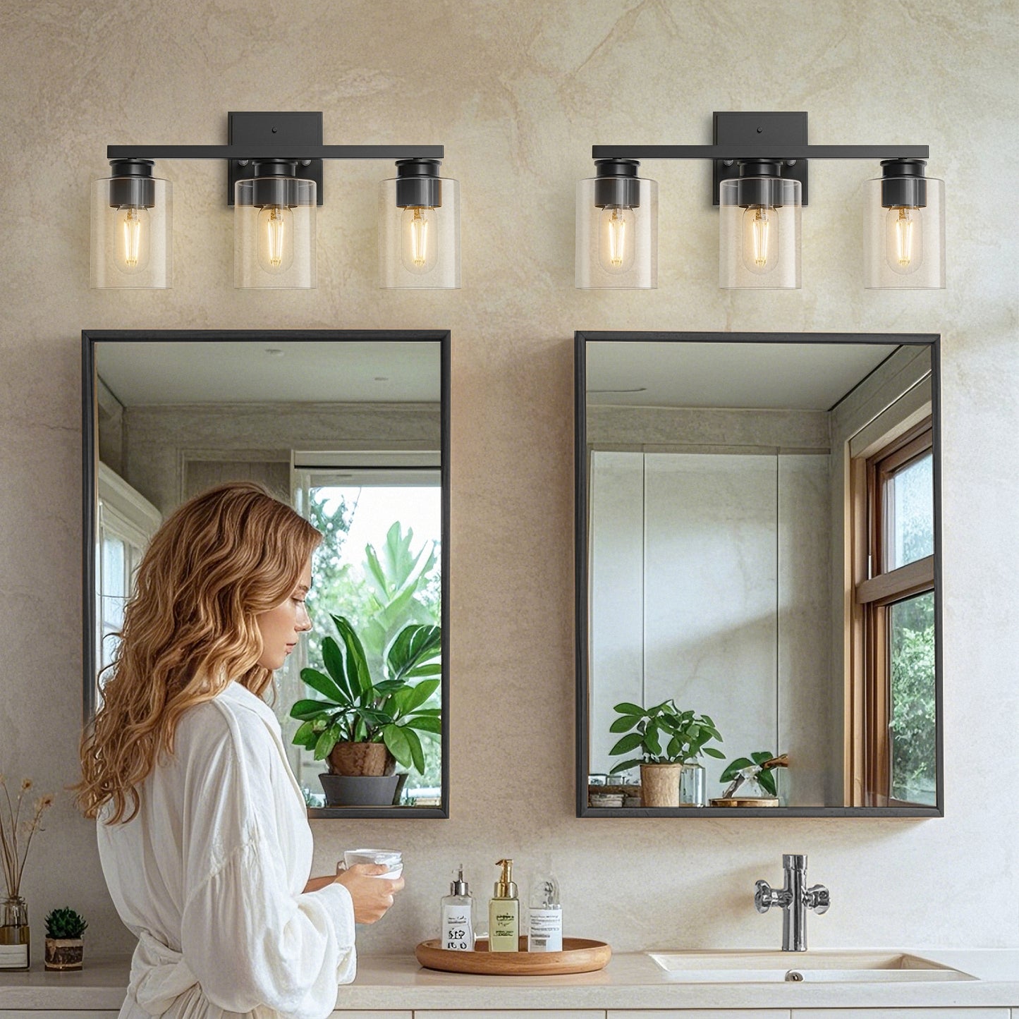 18 in. 3-Light Black Vanity Light with Clear Glass Shades for Bathroom
