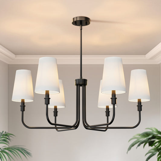 33.8 in. 6-Light Black Farmhouse Chandelier with White Linen Shades for Budget Homes