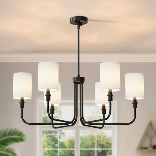 33 in. 6-Light Black Farmhouse Chandelier with White Linen Shades for Budget Homes