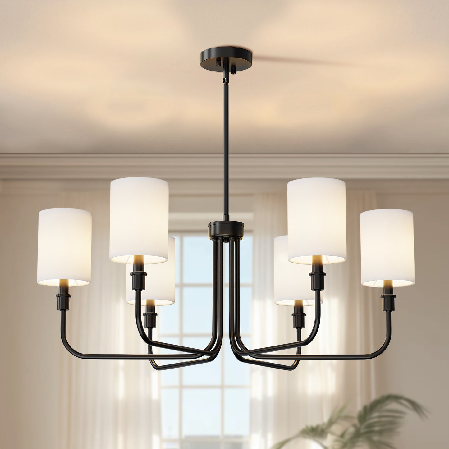 33 in. 6-Light Black Farmhouse Chandelier with White Linen Shades for Budget Homes
