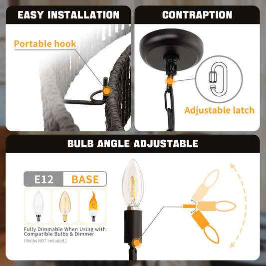 20 in. Bohemian 6-Light Black Rattan Chandelier, Vintage Farmhouse Pendant Light for Dining and Living Rooms