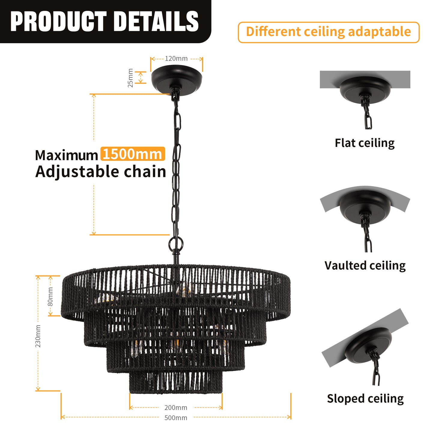 20 in. Bohemian 6-Light Black Rattan Chandelier, Vintage Farmhouse Pendant Light for Dining and Living Rooms