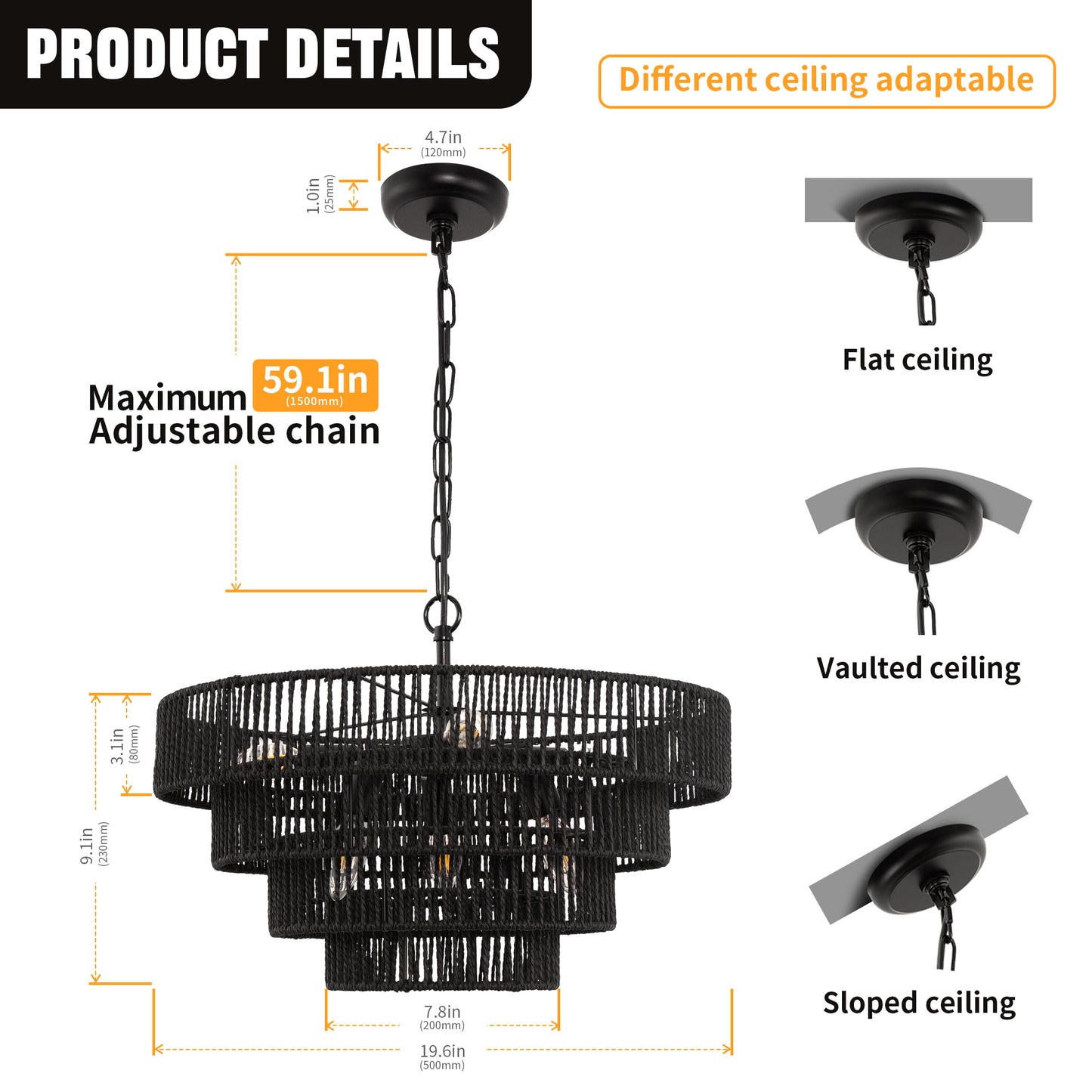 20 in. Bohemian 6-Light Black Rattan Chandelier, Vintage Farmhouse Pendant Light for Dining and Living Rooms