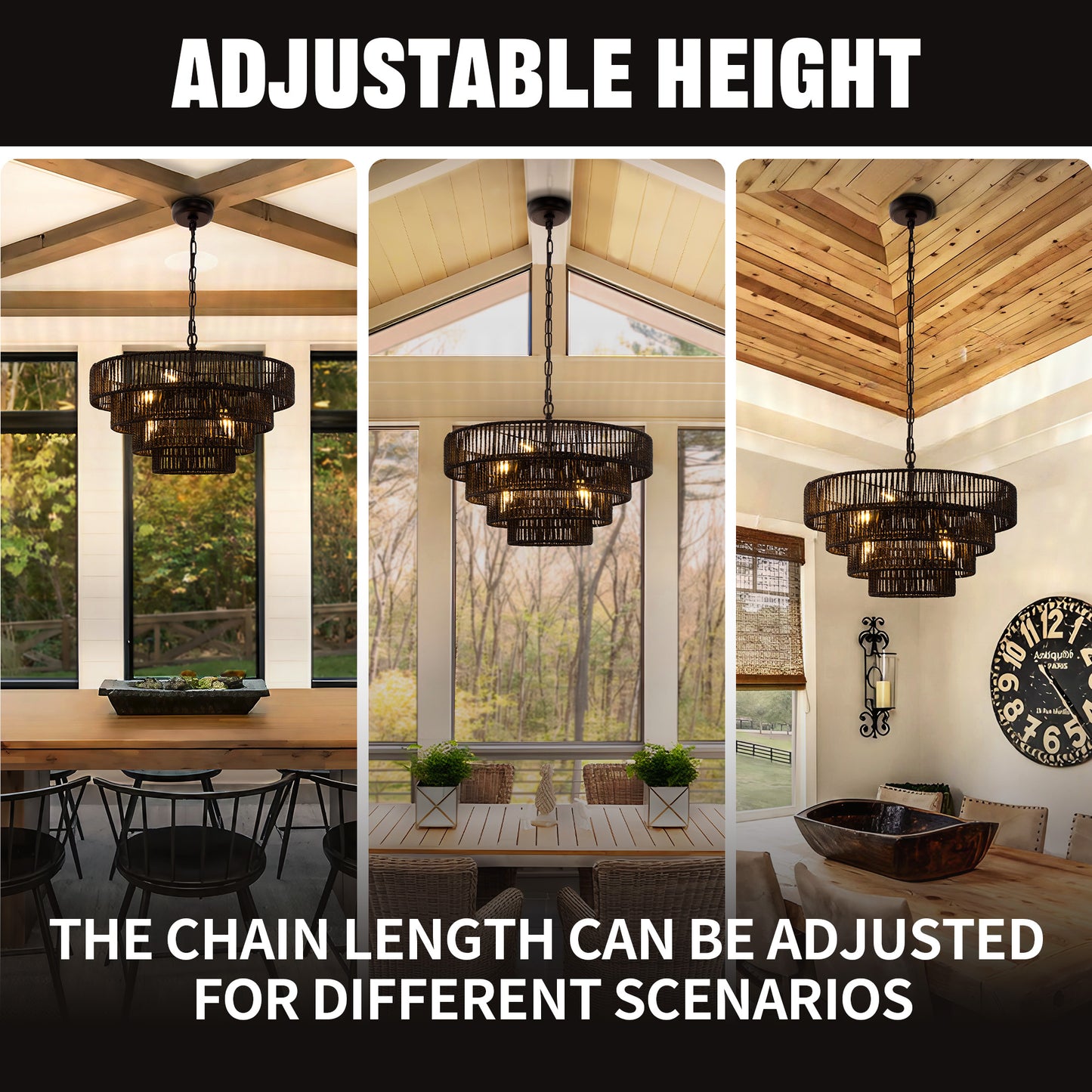 20 in. Bohemian 6-Light Black Rattan Chandelier, Vintage Farmhouse Pendant Light for Dining and Living Rooms