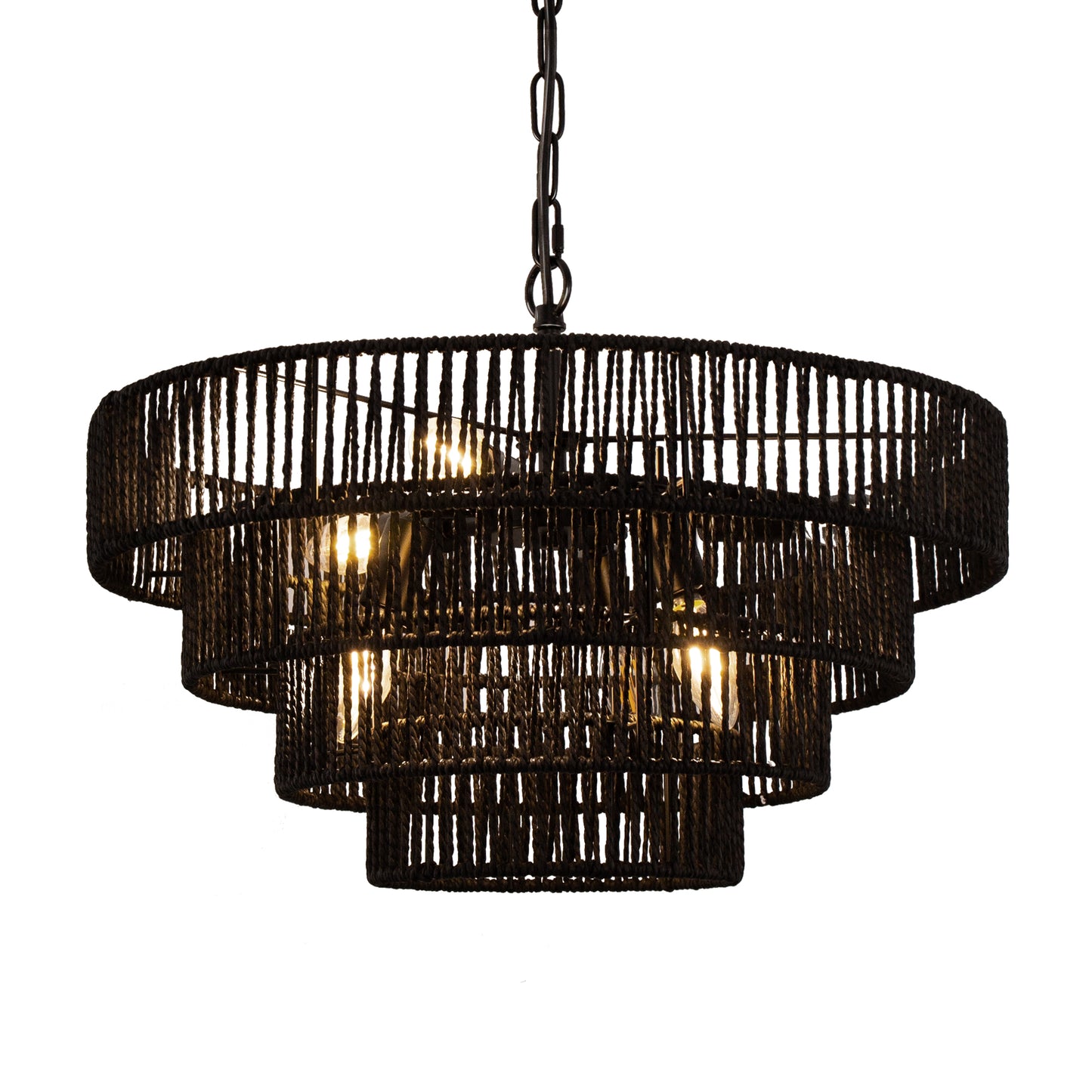 20 in. Bohemian 6-Light Black Rattan Chandelier, Vintage Farmhouse Pendant Light for Dining and Living Rooms