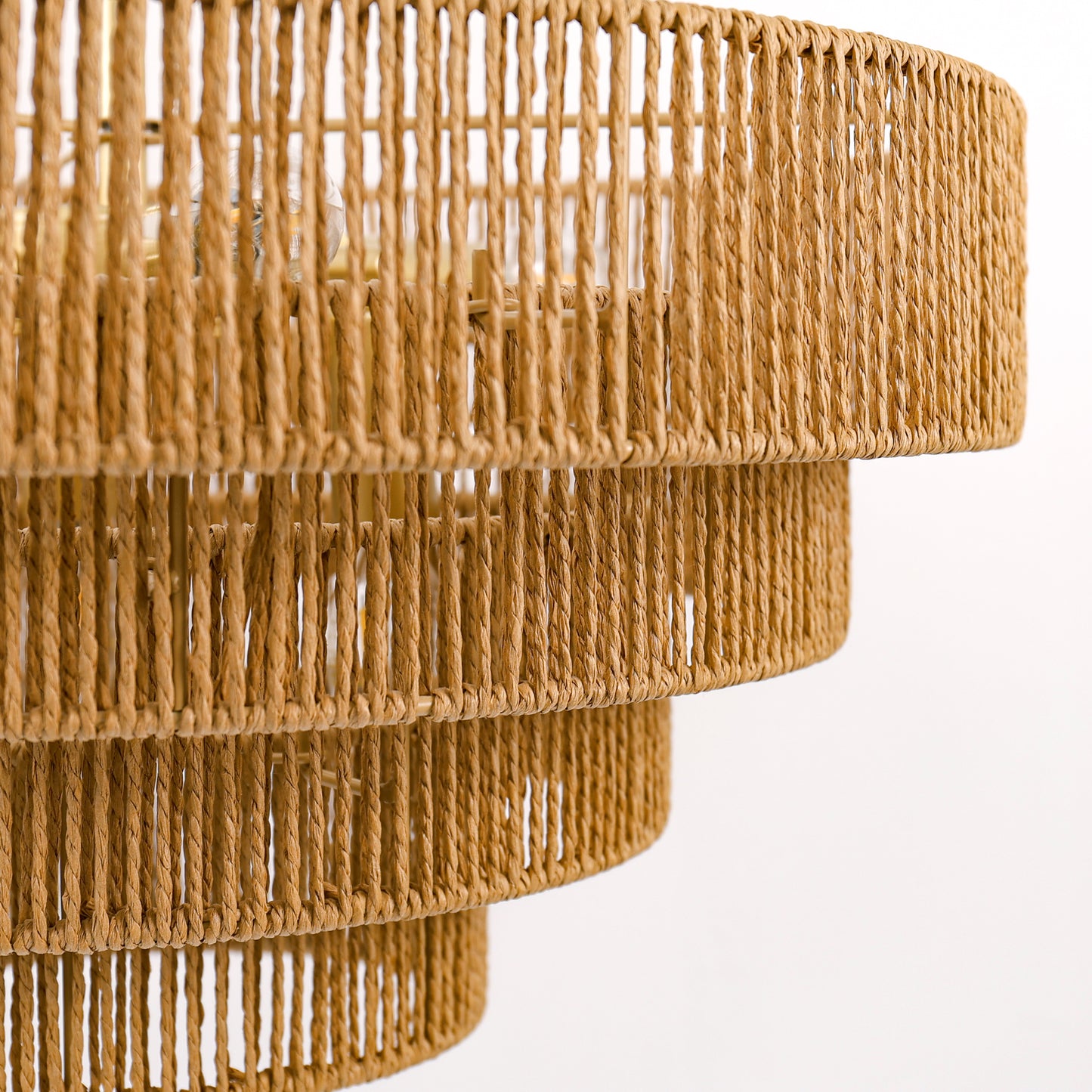20in. 6-Light Hand Woven Rattan Pendant Light, Boho Brown Large Farmhouse Chandelier 4-Tier Rattan Shade for Living Room