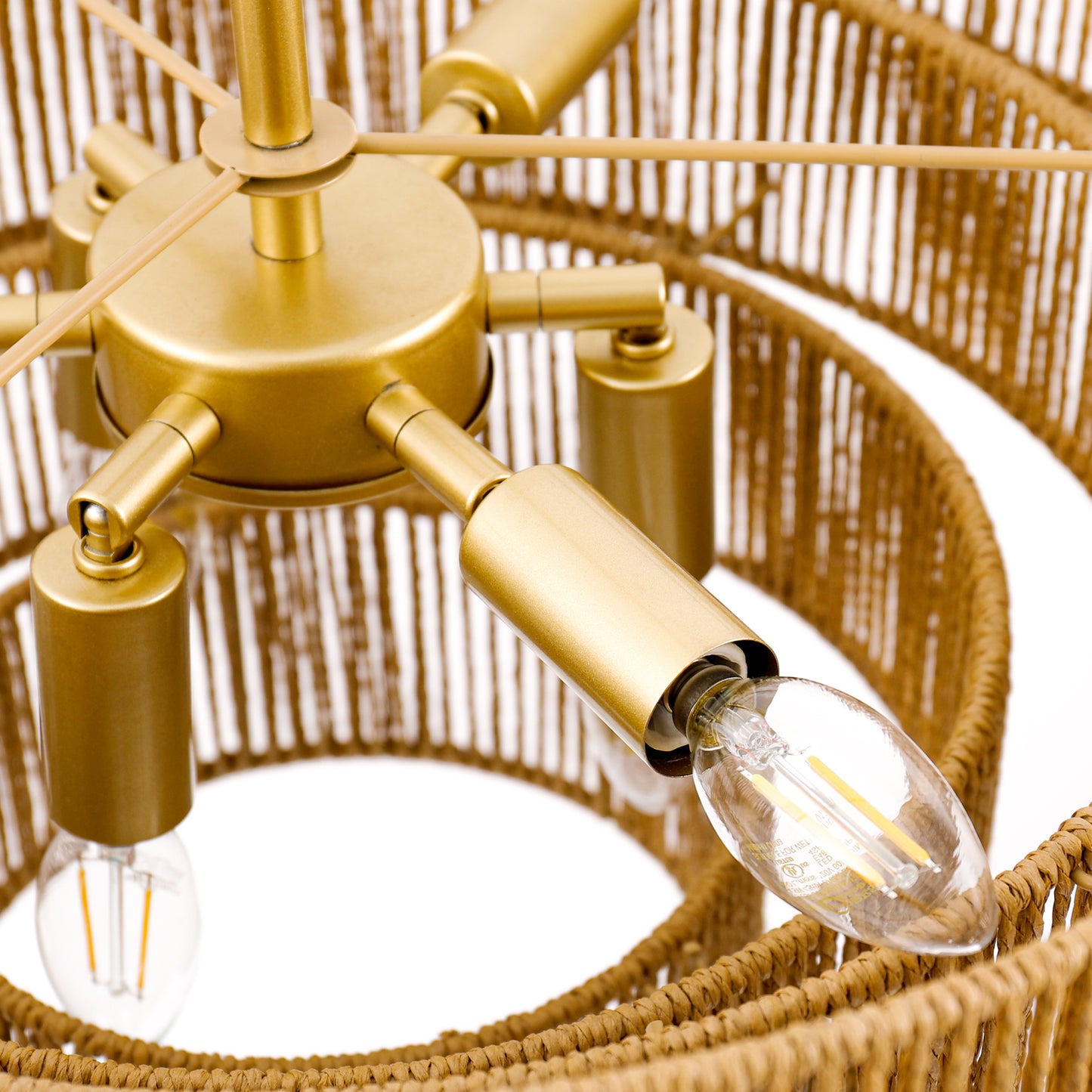 20in. 6-Light Hand Woven Rattan Pendant Light, Boho Brown Large Farmhouse Chandelier 4-Tier Rattan Shade for Living Room