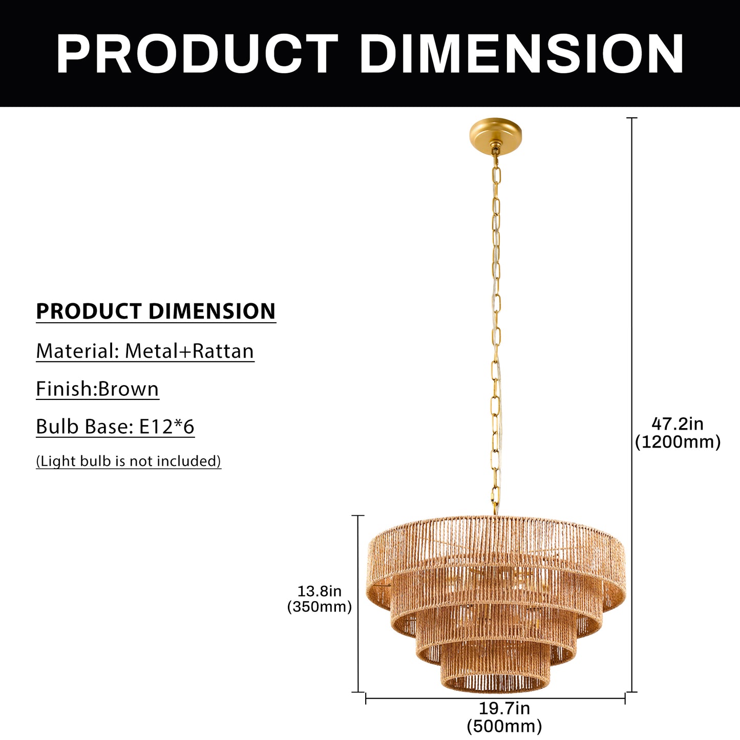 20in. 6-Light Hand Woven Rattan Pendant Light, Boho Brown Large Farmhouse Chandelier 4-Tier Rattan Shade for Living Room