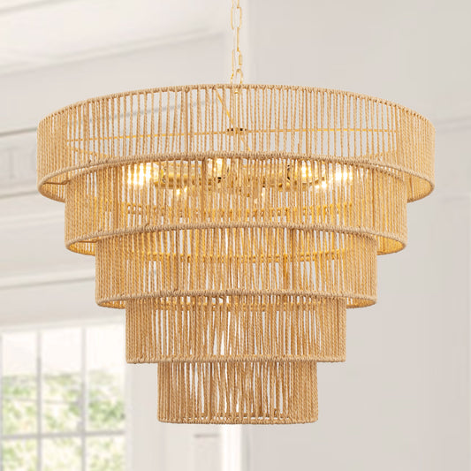 26 in. 8-Light Boho Brown Rattan Pendant, Affordable Brass E12 Chandelier