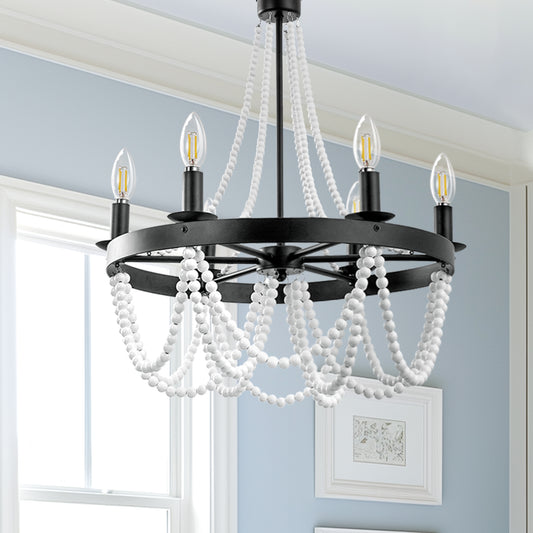 6-Light Matte Black Chandelier with White Wood Beads for Dining Rooms and Entryways