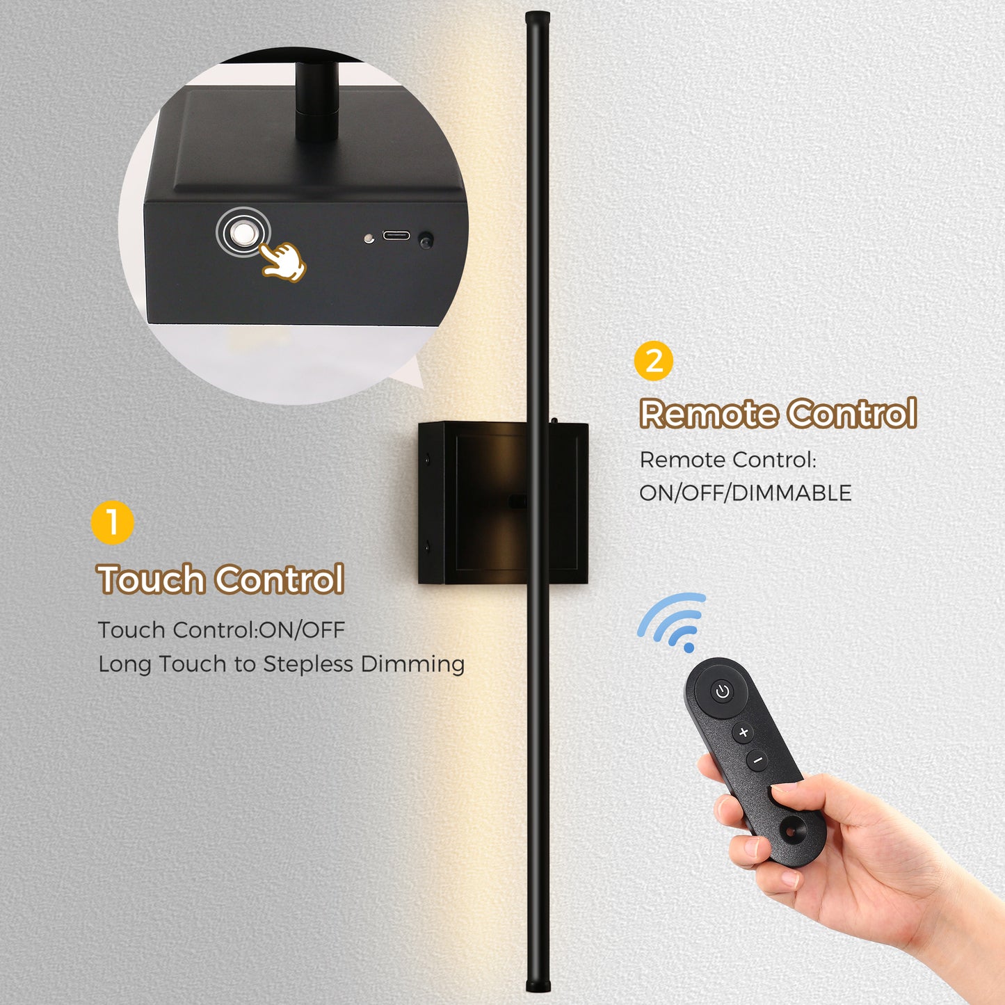 350° Rotate Black Dimmable Wireless Integrated LED Wall Sconce with Remote, Sconce Wall Decor for Living Room(2-Pack)