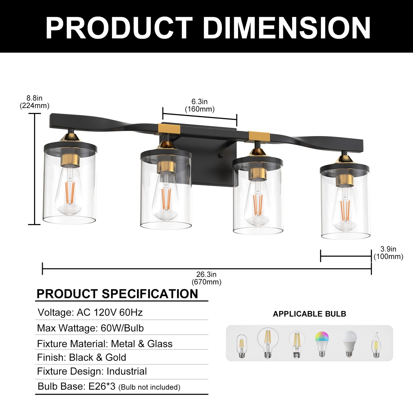 26 in. 4-Light Black and Gold Vanity Light with Clear Glass Shades for Bathroom
