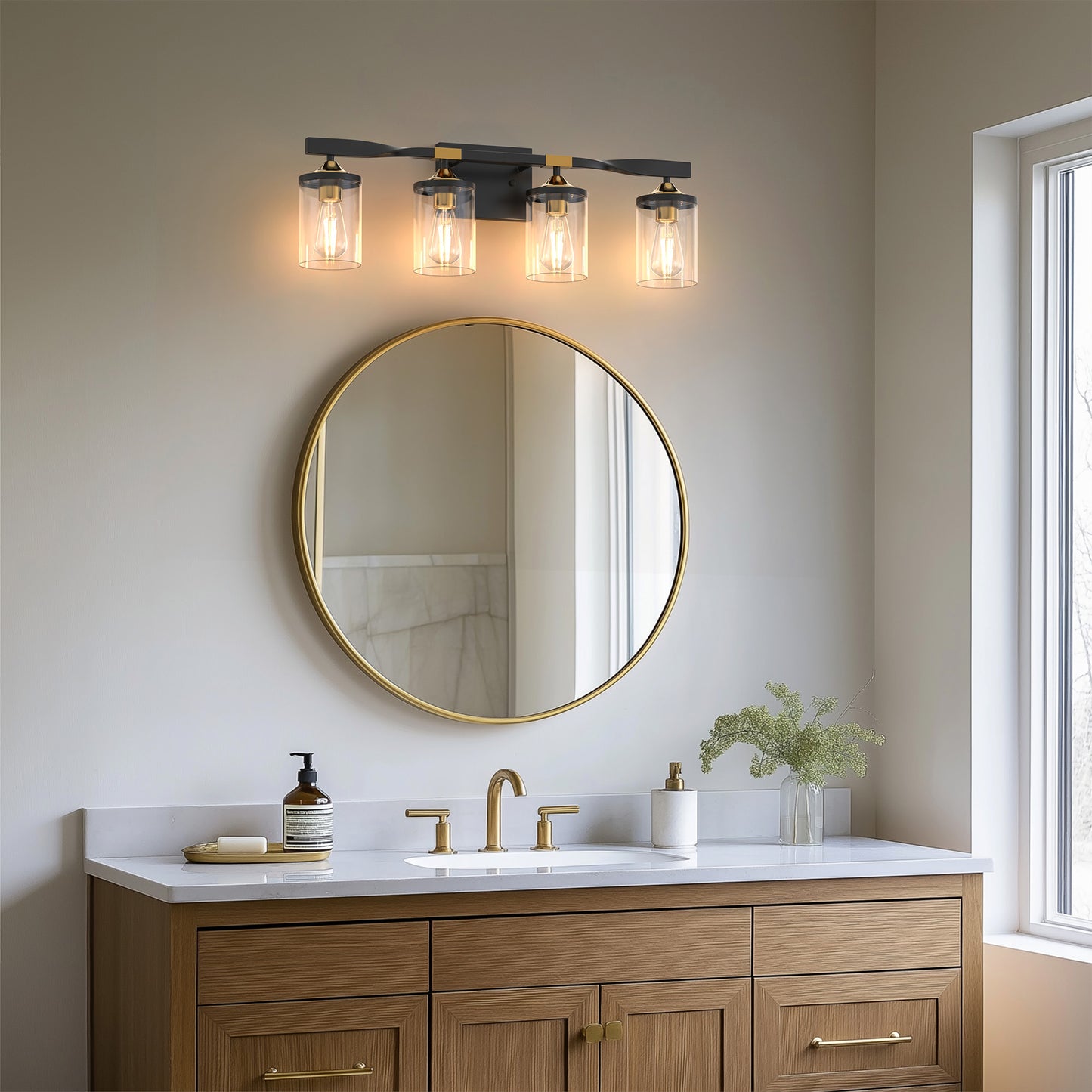 26 in. 4-Light Black and Gold Vanity Light with Clear Glass Shades for Bathroom