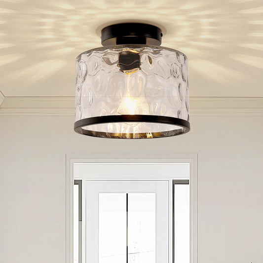 9 in. 1-Light Black Modern Semi Flush Mount Ceiling Light Industrial Clear Water Glass for Hallway Kitchen Bathroom
