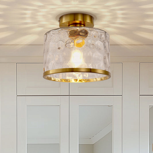 9 in. 1-Light Gold Modern Semi Flush Mount Ceiling Light Industrial Clear Water Glass for Hallway Kitchen Bathroom