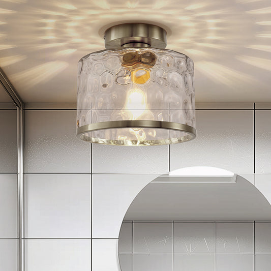 9 in. 1-Light Brushed Nickel Semi Flush Mount Ceiling Light Industrial Clear Water Glass for Hallway Kitchen Bathroom