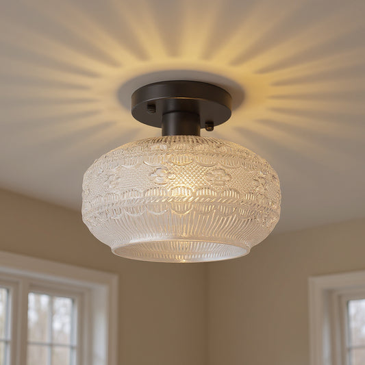 YANSUN Single-Light Ceiling Fixture with Black Matte Finish and 9.5-Inch Globe Glass Shade, Non-Integrated Bulb, E26 Socket
