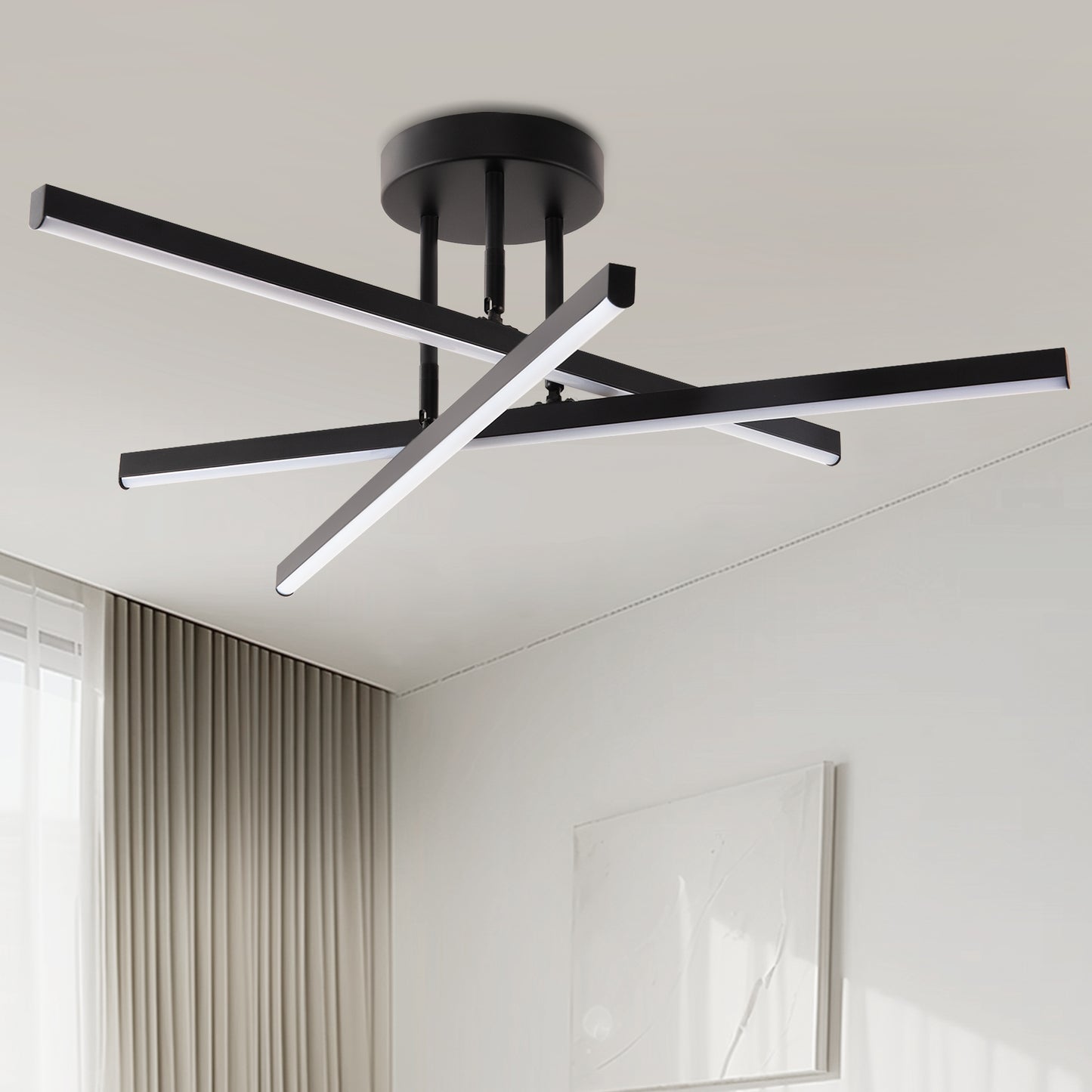 Black LED Chandelier 3-Light Modern Semi Flush Mount Ceiling Light 3000K Sputnik Light for Living Room Bedroom Foyer