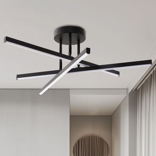 Black LED Chandelier 3-Light Modern Semi Flush Mount Ceiling Light 3000K Sputnik Light for Living Room Bedroom Foyer