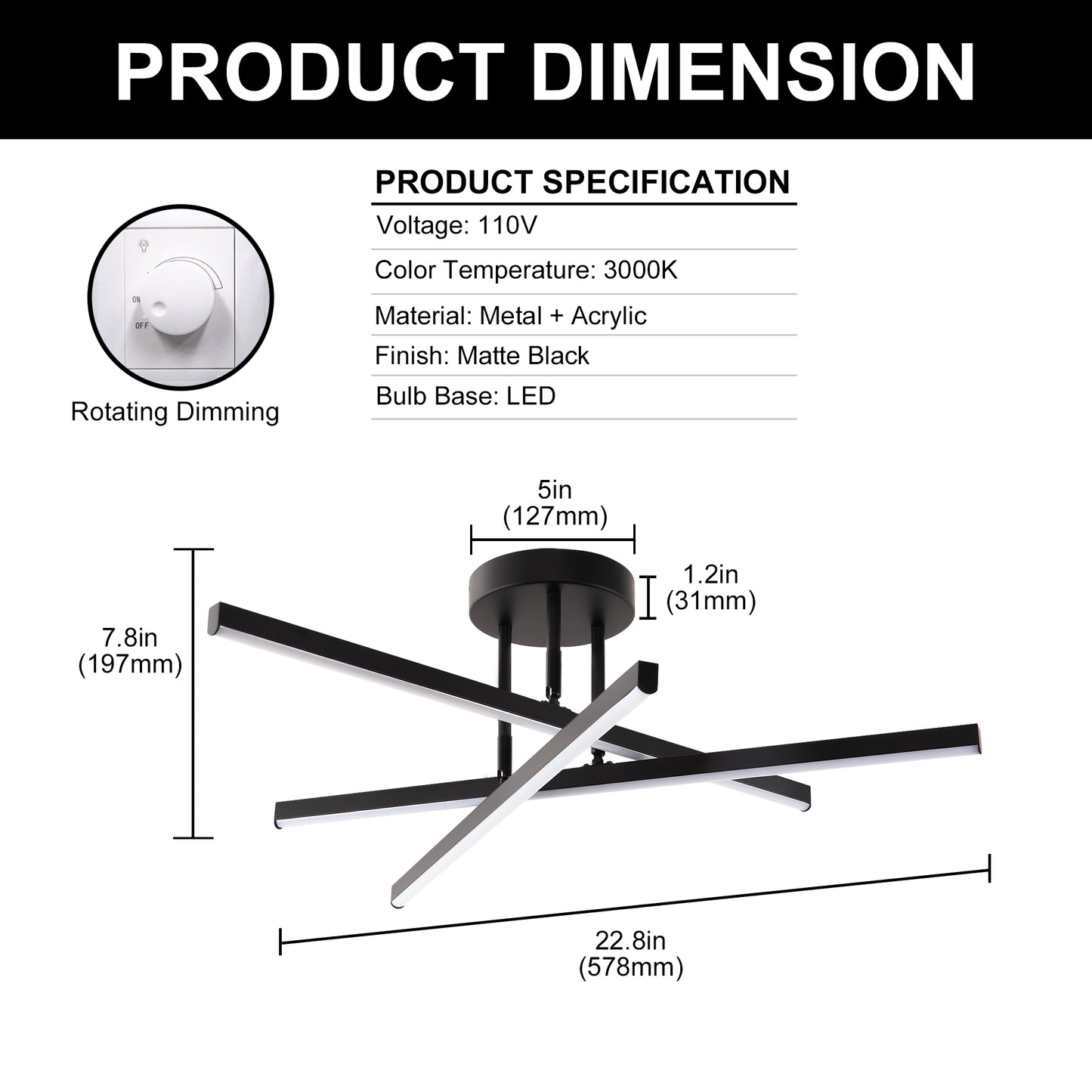 Black LED Chandelier 3-Light Modern Semi Flush Mount Ceiling Light 3000K Sputnik Light for Living Room Bedroom Foyer