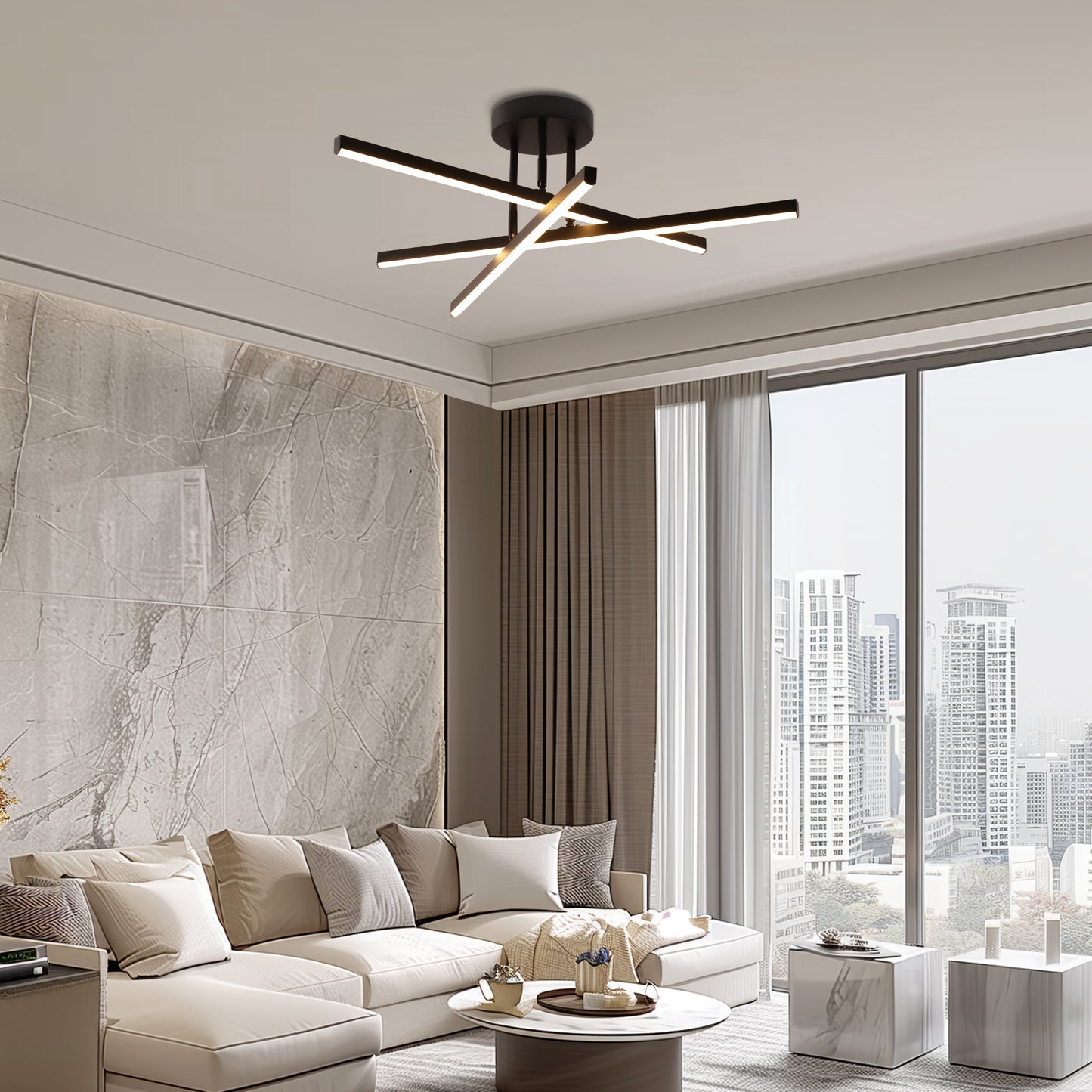 Black LED Chandelier 3-Light Modern Semi Flush Mount Ceiling Light 3000K Sputnik Light for Living Room Bedroom Foyer