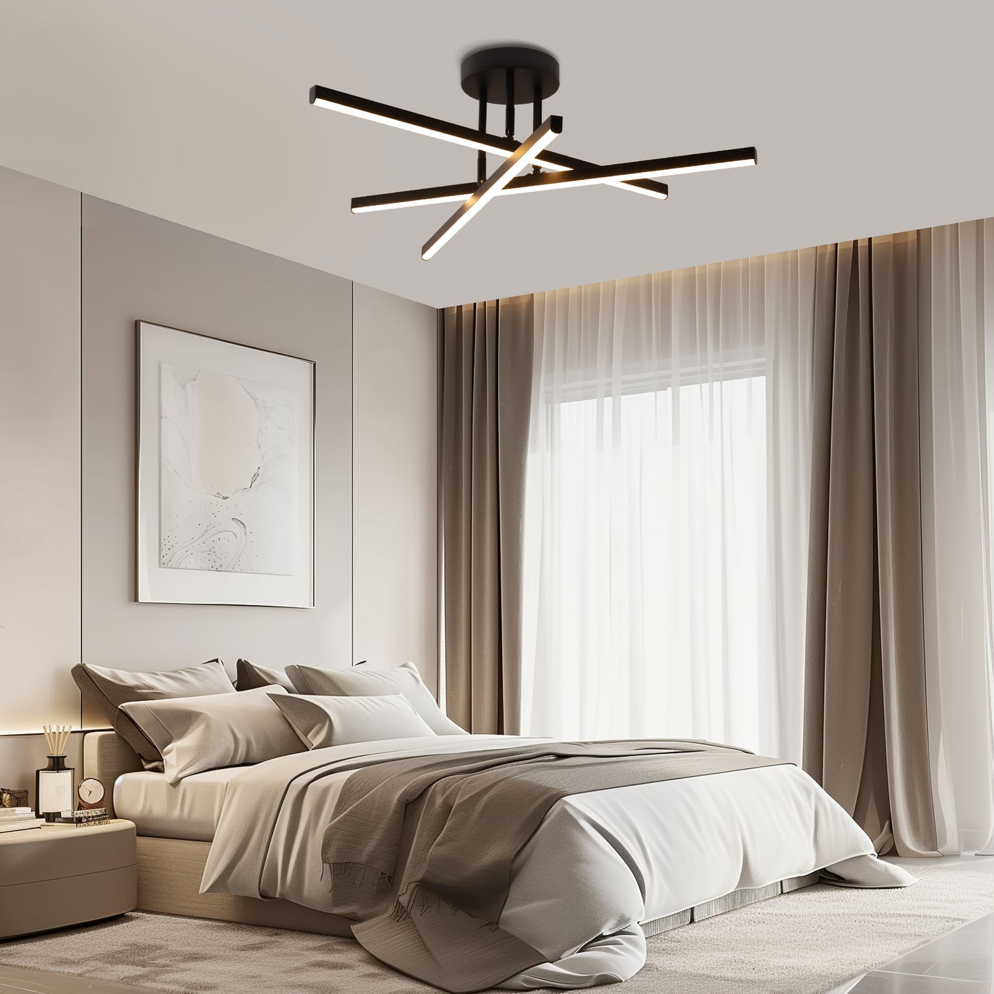 Black LED Chandelier 3-Light Modern Semi Flush Mount Ceiling Light 3000K Sputnik Light for Living Room Bedroom Foyer