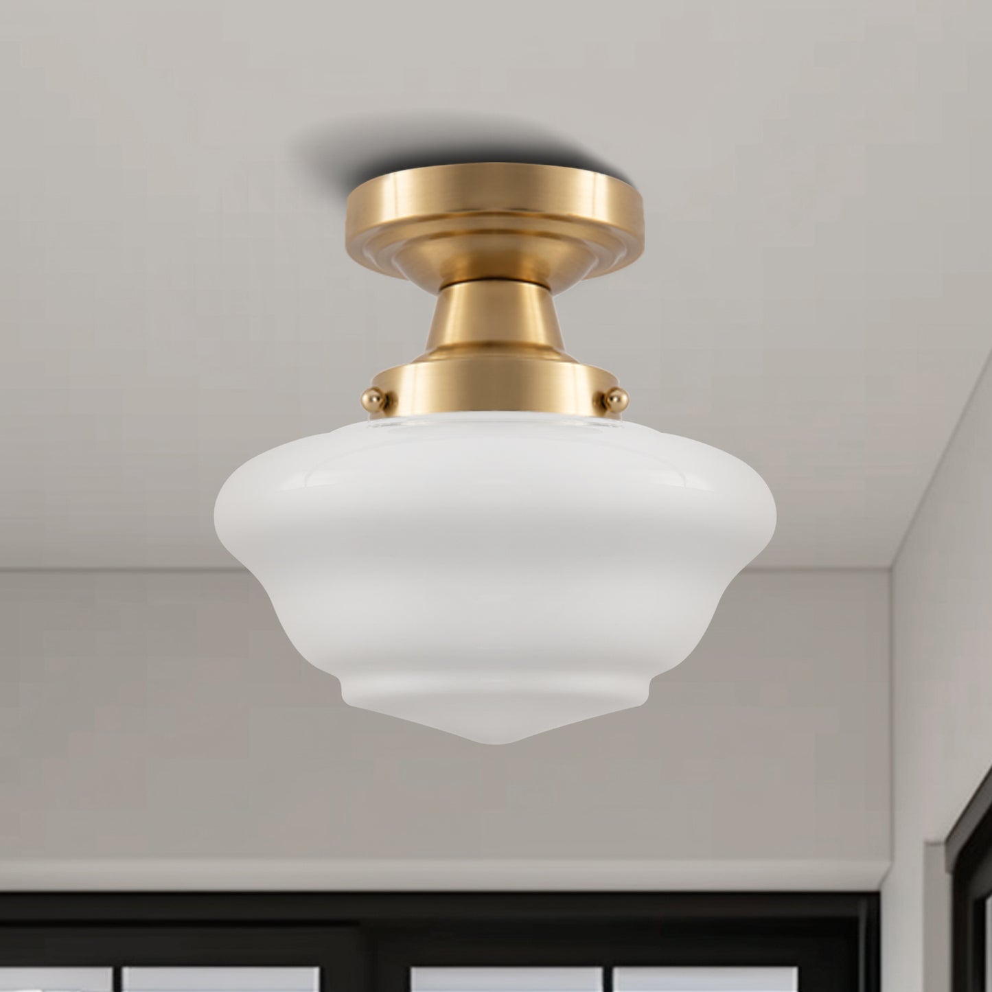 9 in. Rustic Farmhouse Schoolhouse Ceiling Light, Brass Finish with Frosted Glass Shade for Kitchen, Hallway, Bathroom