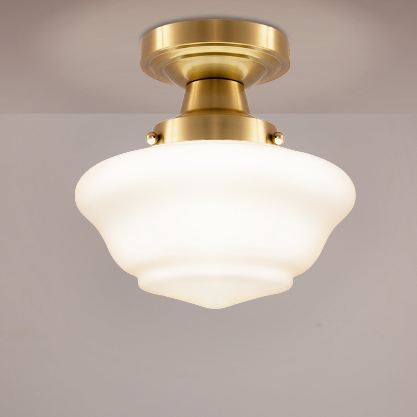 9 in. Rustic Farmhouse Schoolhouse Ceiling Light, Brass Finish with Frosted Glass Shade for Kitchen, Hallway, Bathroom