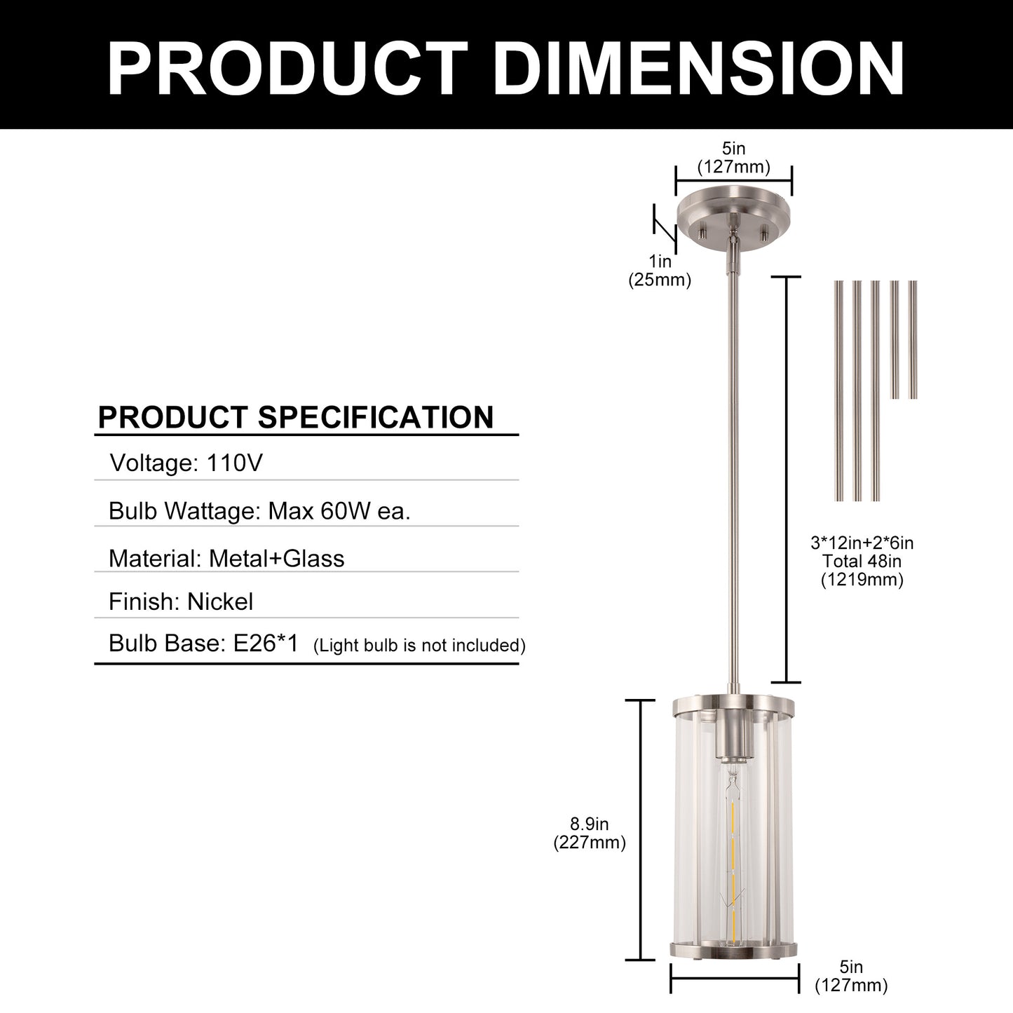 1-Light Nickel Pendant Light with Clear Glass Shade, Modern Industrial Lighting for Kitchen Island and Dining Room