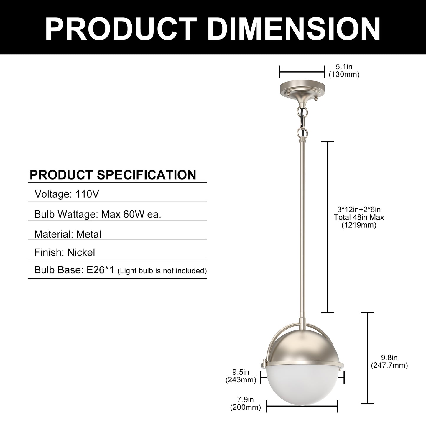 1-Light Brushed Nickel Mini-Pendant Light with Frosted Glass Shade