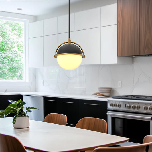 8 in. 1-Light Elegant Metal with Glass Globe Lighting, Matte Black and Gold Finishes for Kitchen Island