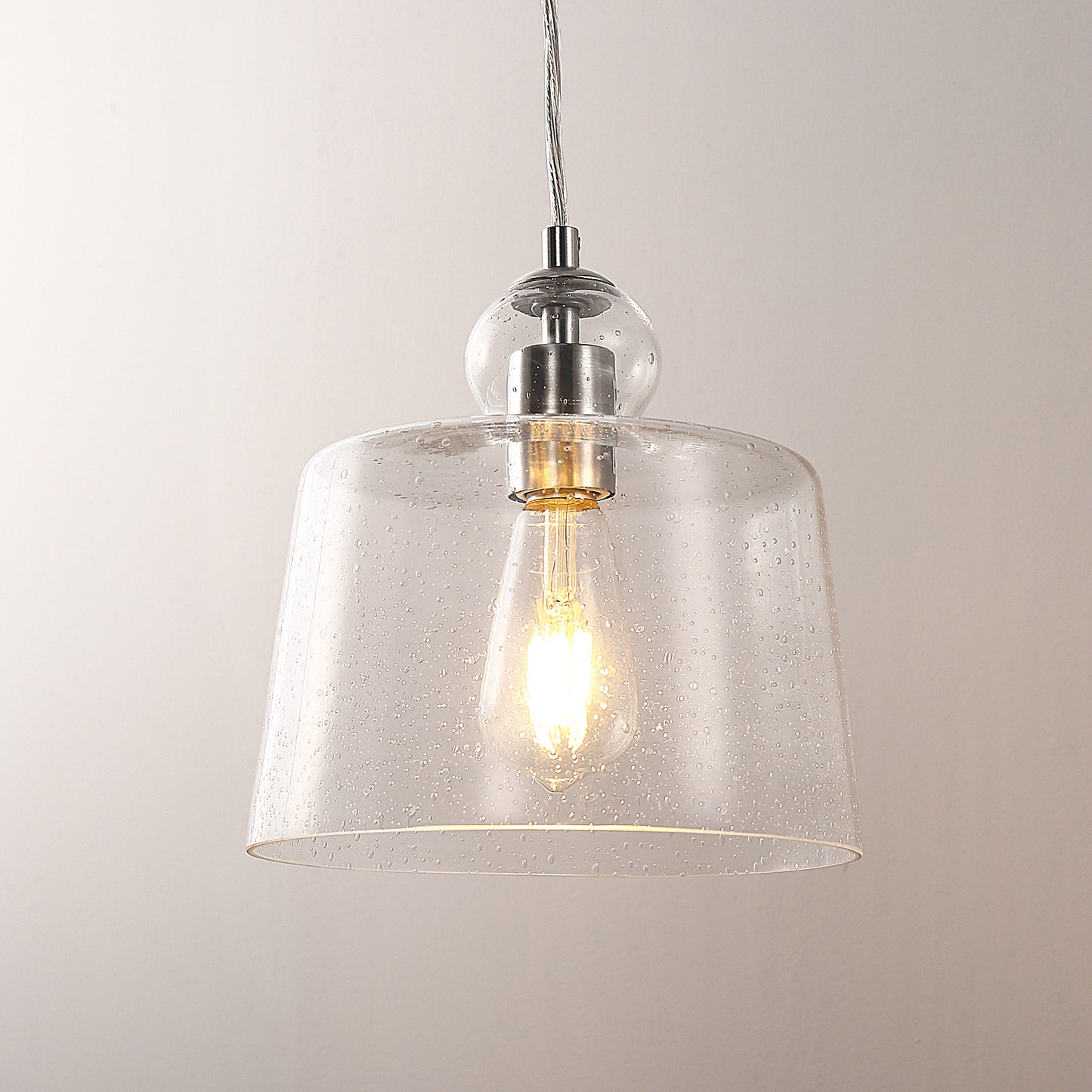 1-Light Brushed Nickel Pendant Light with Seeded Glass for Dining Rooms, Kitchen Islands, and Entryways