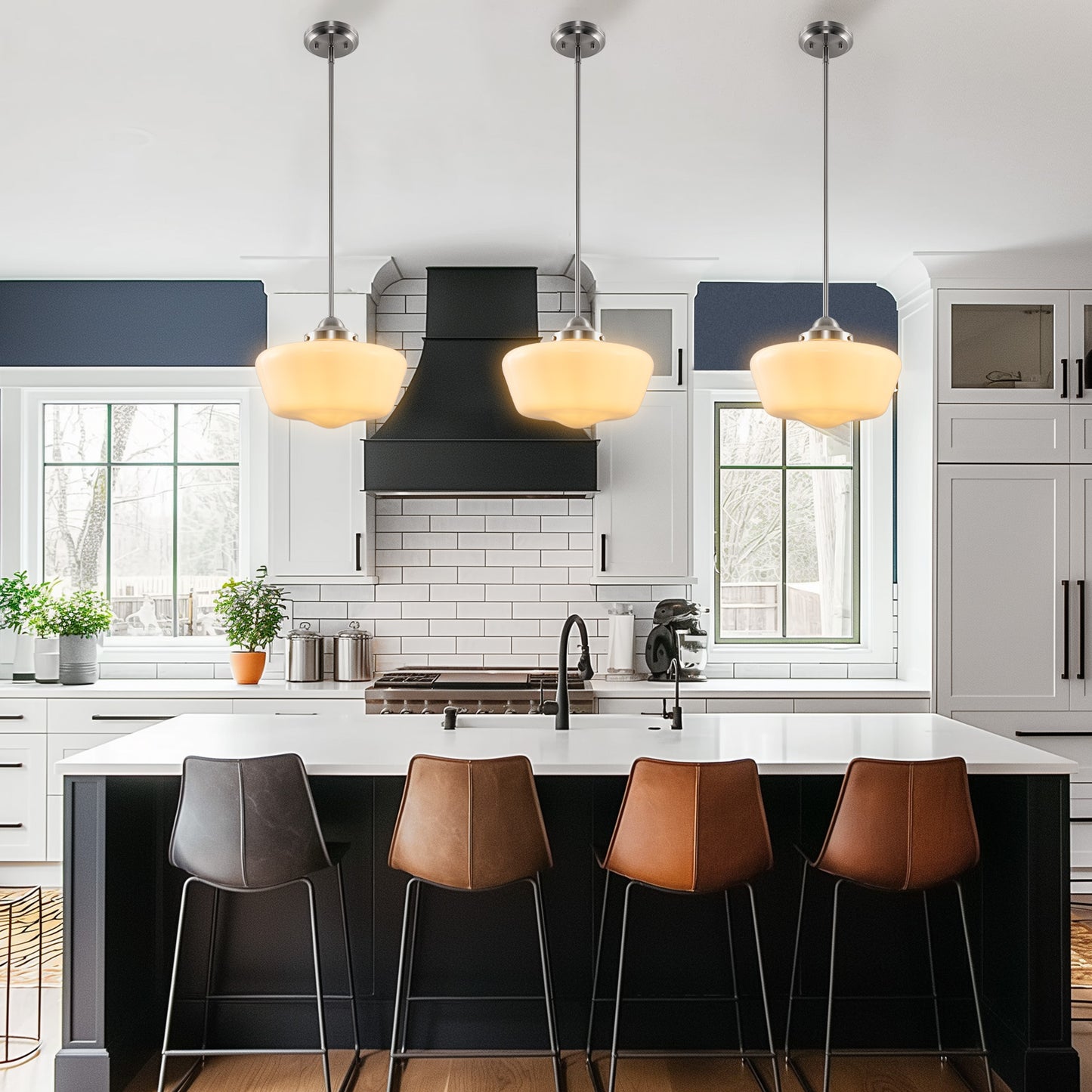 Farmhouse 1-Light Brushed Nickel Pendant Light with Milk White Frosted Glass Shade for Kitchen, Hallway, and Entryway