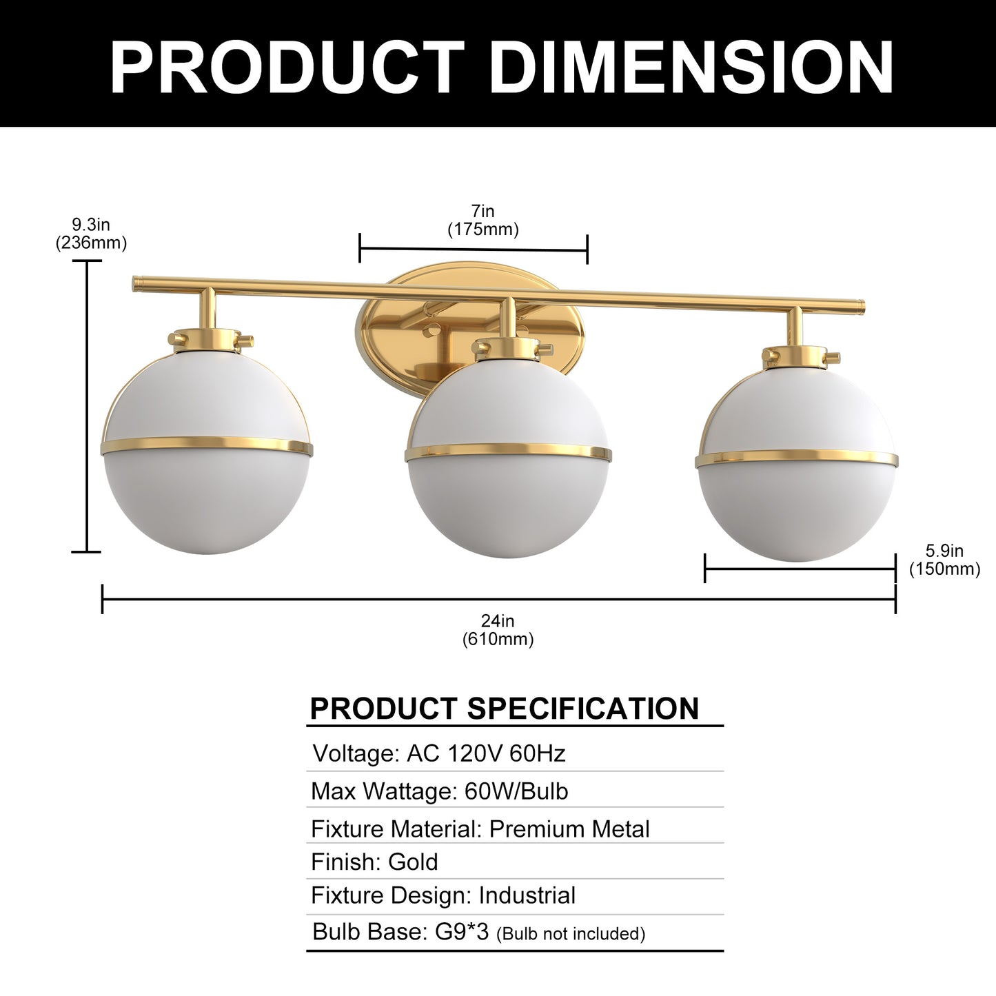 24 in. Modern 3-Light Bathroom Vanity Light with Farmhouse Heritage Brass Globe Shade