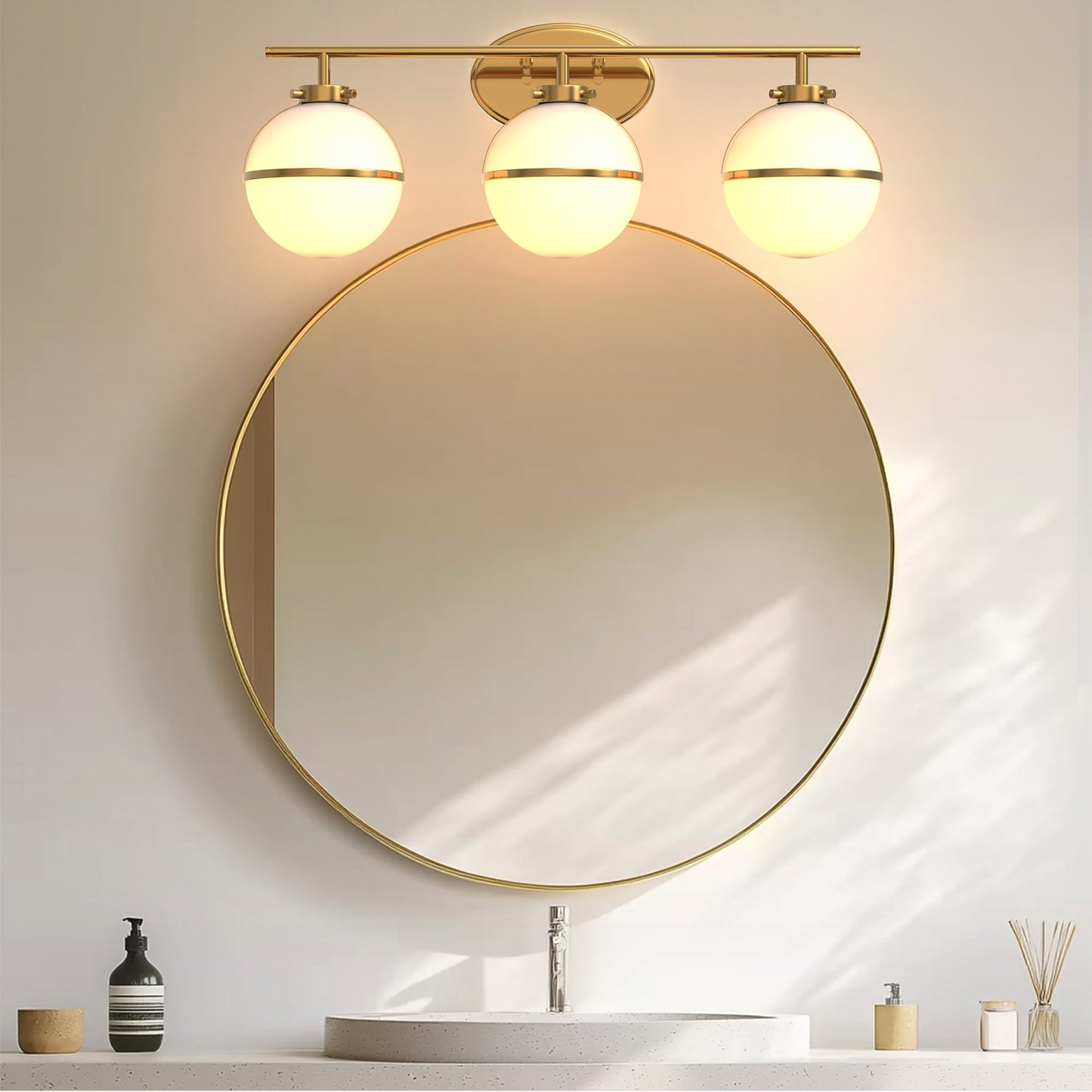 24 in. Modern 3-Light Bathroom Vanity Light with Farmhouse Heritage Brass Globe Shade