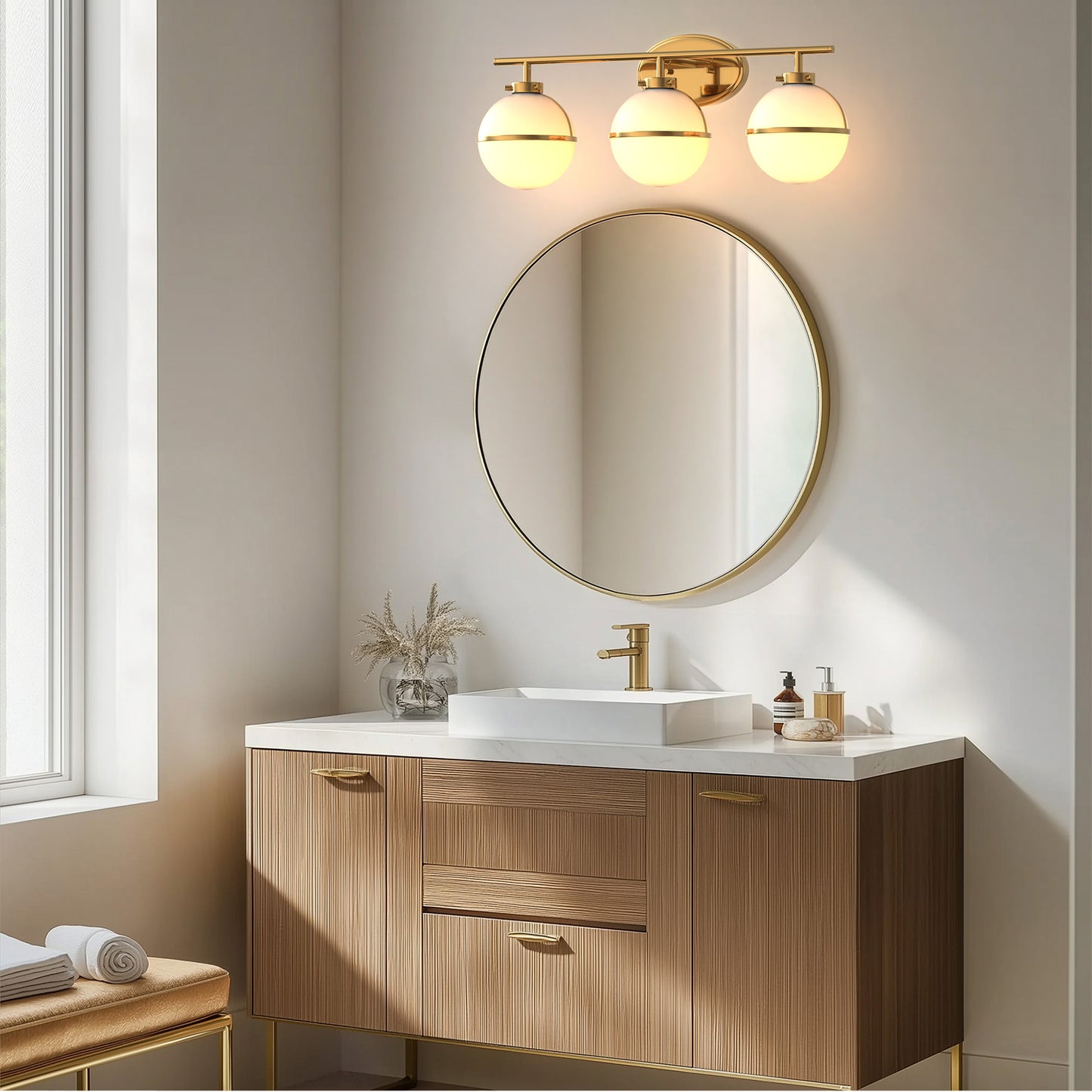 24 in. Modern 3-Light Bathroom Vanity Light with Farmhouse Heritage Brass Globe Shade