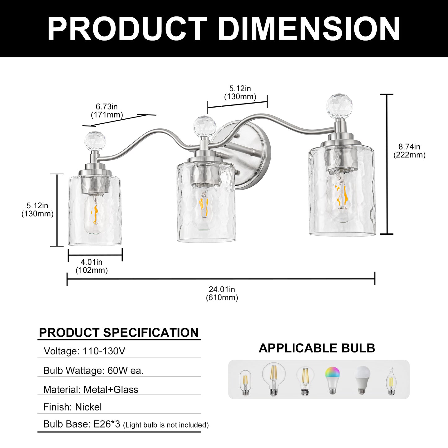 24 in. 3-Light Brushed Nickel Bathroom Vanity Light with Crystal Accents and Clear Hammered Glass Shades