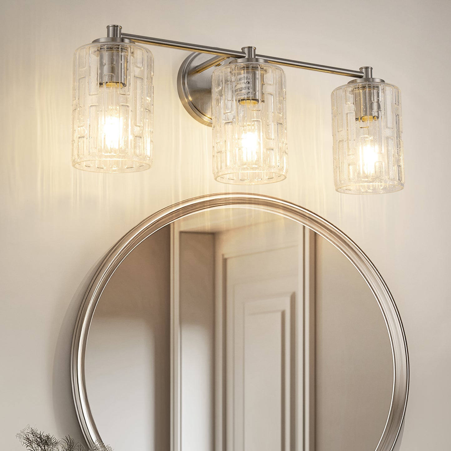 20 in. 3-Light Bathroom Vanity Light, Polished Nickel with Clear Seedy Glass Shades, Dimmable Fixture