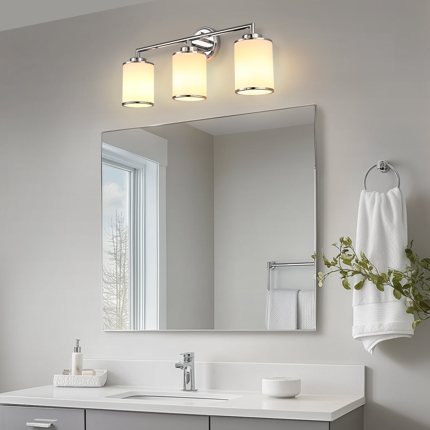 17 in. 3-Light Chrome Vanity Light with Frosted Glass Shades, Modern Bathroom Wall Sconce for Vanity, Mirror