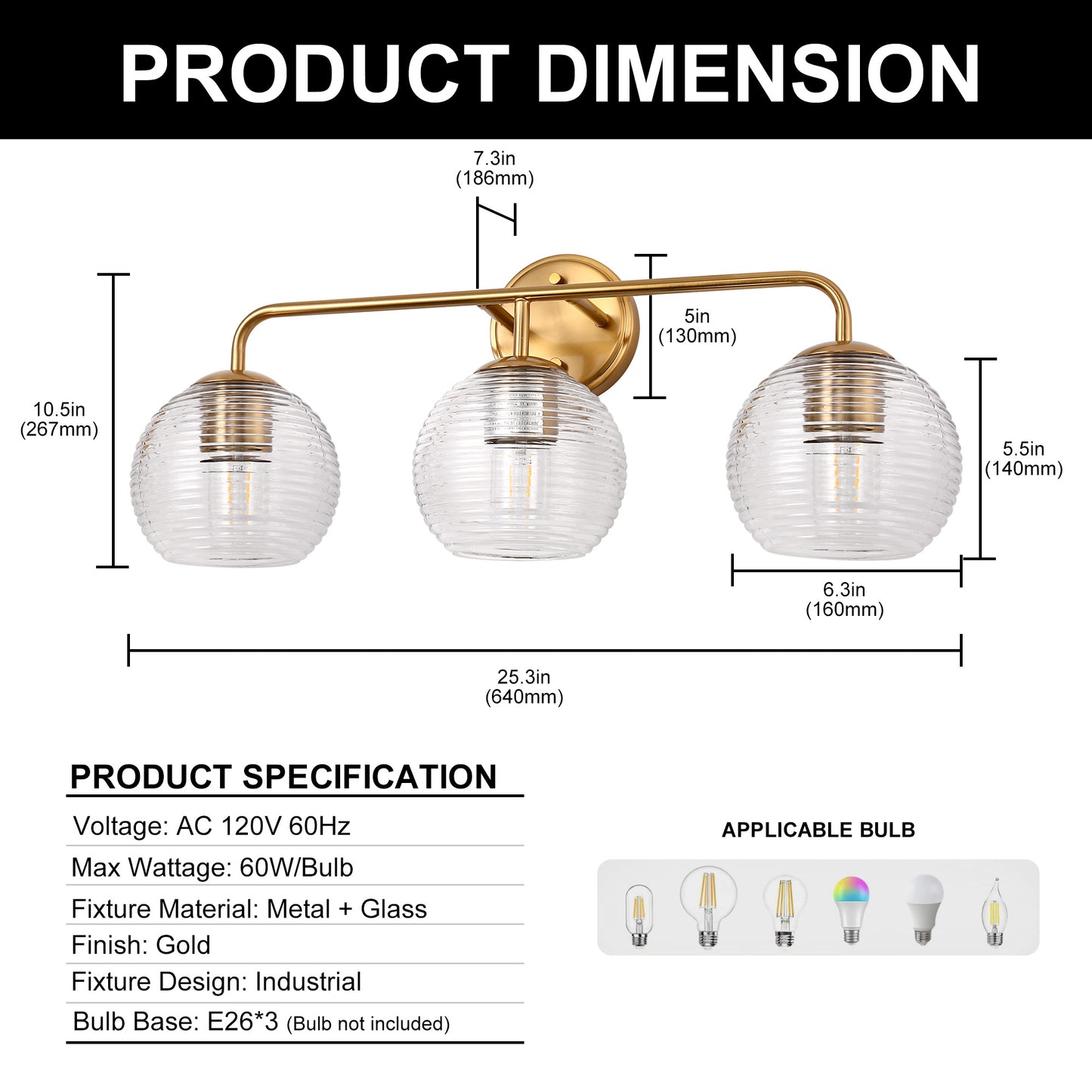 Modern 25 in. 3-Light Gold Vanity Light Fixture with Globe Textured Glass Shades for Over Mirror and Bathroom