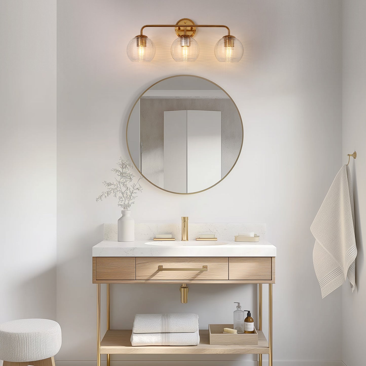 Modern 25 in. 3-Light Gold Vanity Light Fixture with Globe Textured Glass Shades for Over Mirror and Bathroom