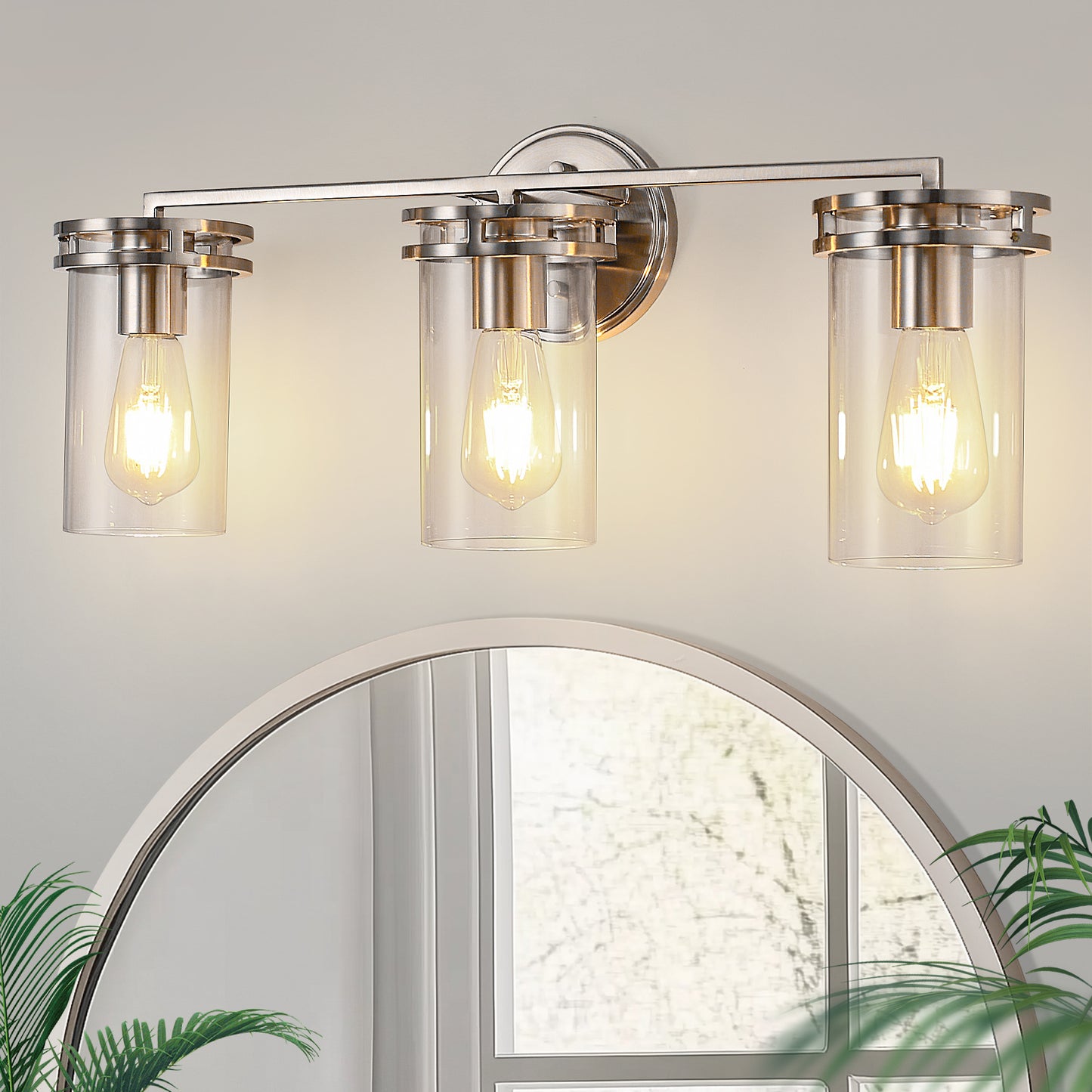 24 in. 3-Light Brushed Nickel Vanity Light with Industrial Glass Shades for Bathroom