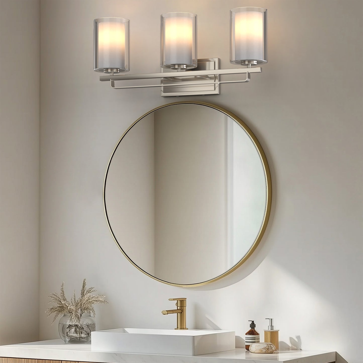 22 in. Industrial Brushed Nickel 3-Light Vanity Light, Clear Glass Shades and Sleek Design for Bathroom