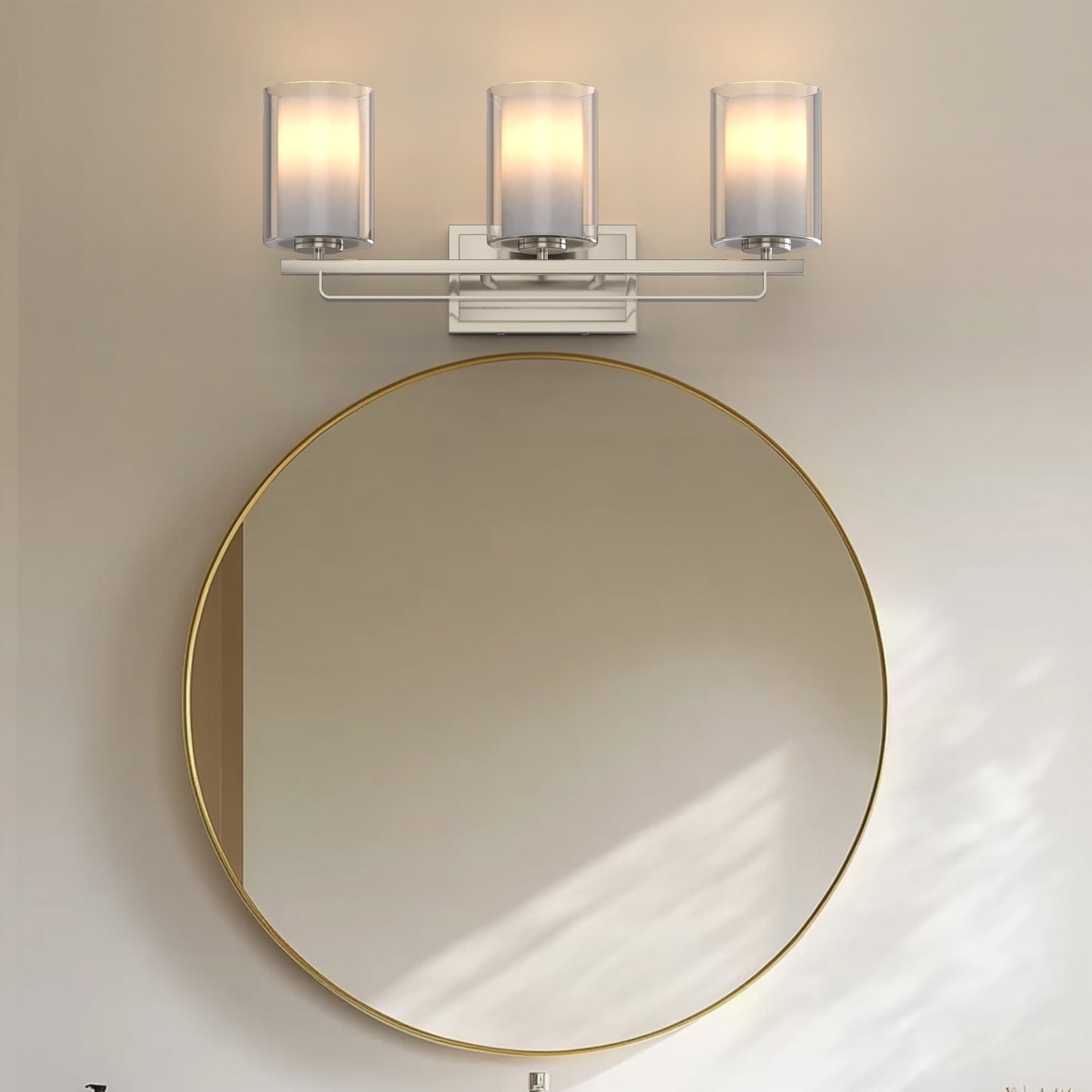 22 in. Industrial Brushed Nickel 3-Light Vanity Light, Clear Glass Shades and Sleek Design for Bathroom