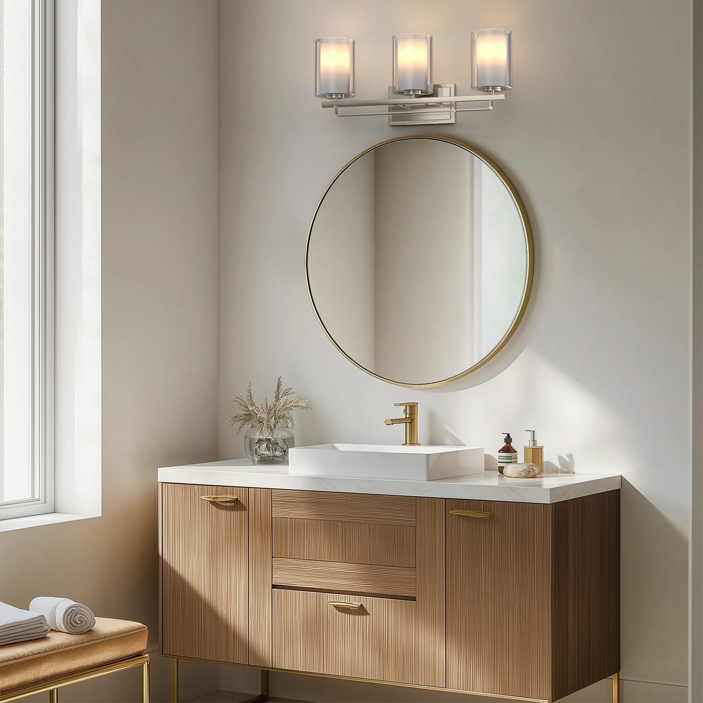 22 in. Industrial Brushed Nickel 3-Light Vanity Light, Clear Glass Shades and Sleek Design for Bathroom