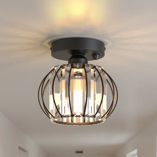 YANSUN Single-Light Ceiling Fixture with Black Painted Metal and Crystal Accents, Geometric Slanted Stripe Design, E26 Socket, Motion Sensor