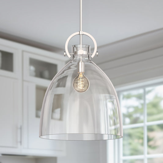 18 in. 1-Light Modern Industrial Pendant Light with Clear Glass Shade, Brushed Nickel for Kitchen Island and Dining Room