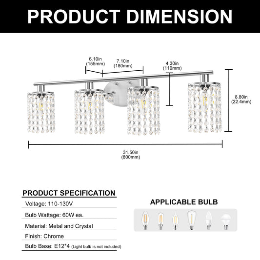 32 in. 4-Lights Chrome Crystal Bathroom Vanity Light, Bahtroom Lights Over Mirror, Wall Sconce for Bathroom Kitchen
